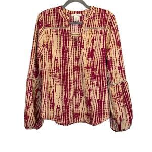 Tea, Please Womens Blouse Size M Red Beige‎ Tie Dye Balloon Sleeve